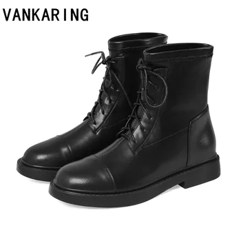 

black mixed leather women boots chunky heels ankle botas mujer lace-up ladies short booties platform shoes cowboy boots woman