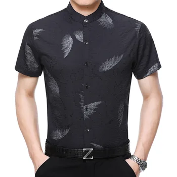 

Feather Printed Mens Short Sleeve Shirts White Mens Shirts Classic Stand Collar Mens Shirts Large Sizes Mandarin Collar Clothing