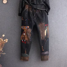 Новинка, весенние женские джинсы с аппликацией в виде героев мультфильмов, с дырками, джинсовые штаны для бега, Ретро стиль, модные, повседневные, длинные, свободные, большие, хлопковые