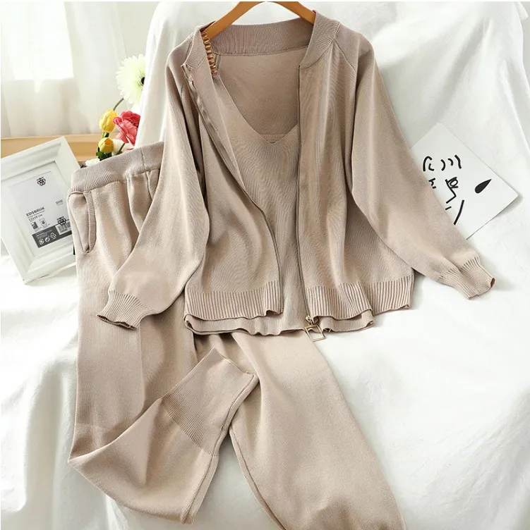 Осенняя одежда комплект для женщин 3 предмета трикотажный досуга куртка кардиган