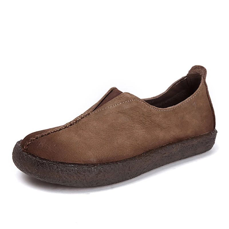 Leather soft bottom casual shoes leather set foot retro flat shoes new tendon bottom round spring and autumn women's shoes