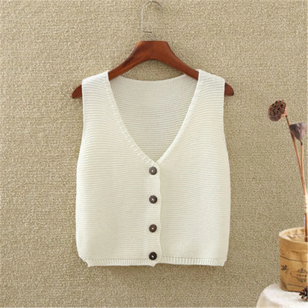 

White Sweater Vest Women Girl Waistcoat Button Sleeveless V-neck Knitting Korea Solid Short Top Streetwear Top Clothing Womens