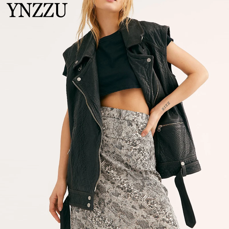 

2019 Autumn Black Women Faux Leather jacket Sleeveless Short Loose Female PU Vest Zipper Cool Chic Motorcycle jacket YNZZU 9O015