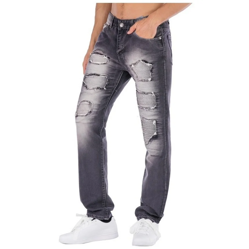 EH · MD® Gray Jeans Men's Pleated Hole Patch Cotton Soft Small Straight High Street Personalized Slim Pants Motorcycle 2020 New