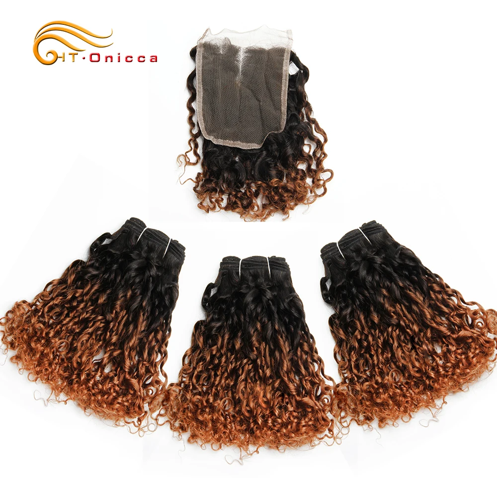 Ombre Brazilian Hair Bundles 1B 30 Blonde Bundles With Closure Pixie Curls Human Hair 3 Bundles with Closure 70g/pcs Remy Hair