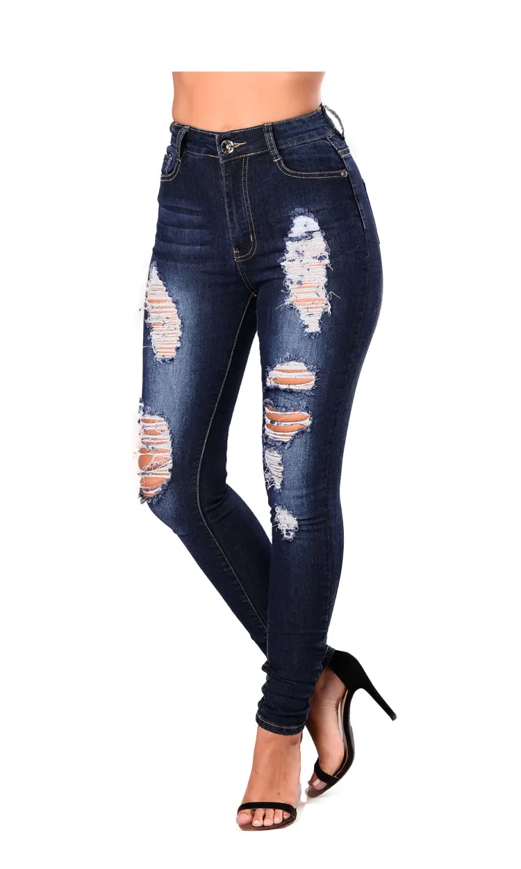 EBay алиэкспресс Европа и Америка Средняя Талия Slim Fit эластичность стирка потертые с отверстиями ковбойские брюки Термо