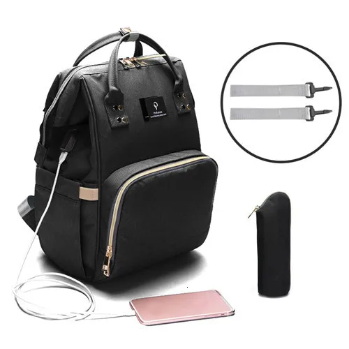 USB интерфейс Мумия подгузник для беременных сумка рюкзак с надписью MOM большой емкости ребенка дизайнер кормящих мешок путешествия рюкзак для ухода за ребенком - Цвет: Black