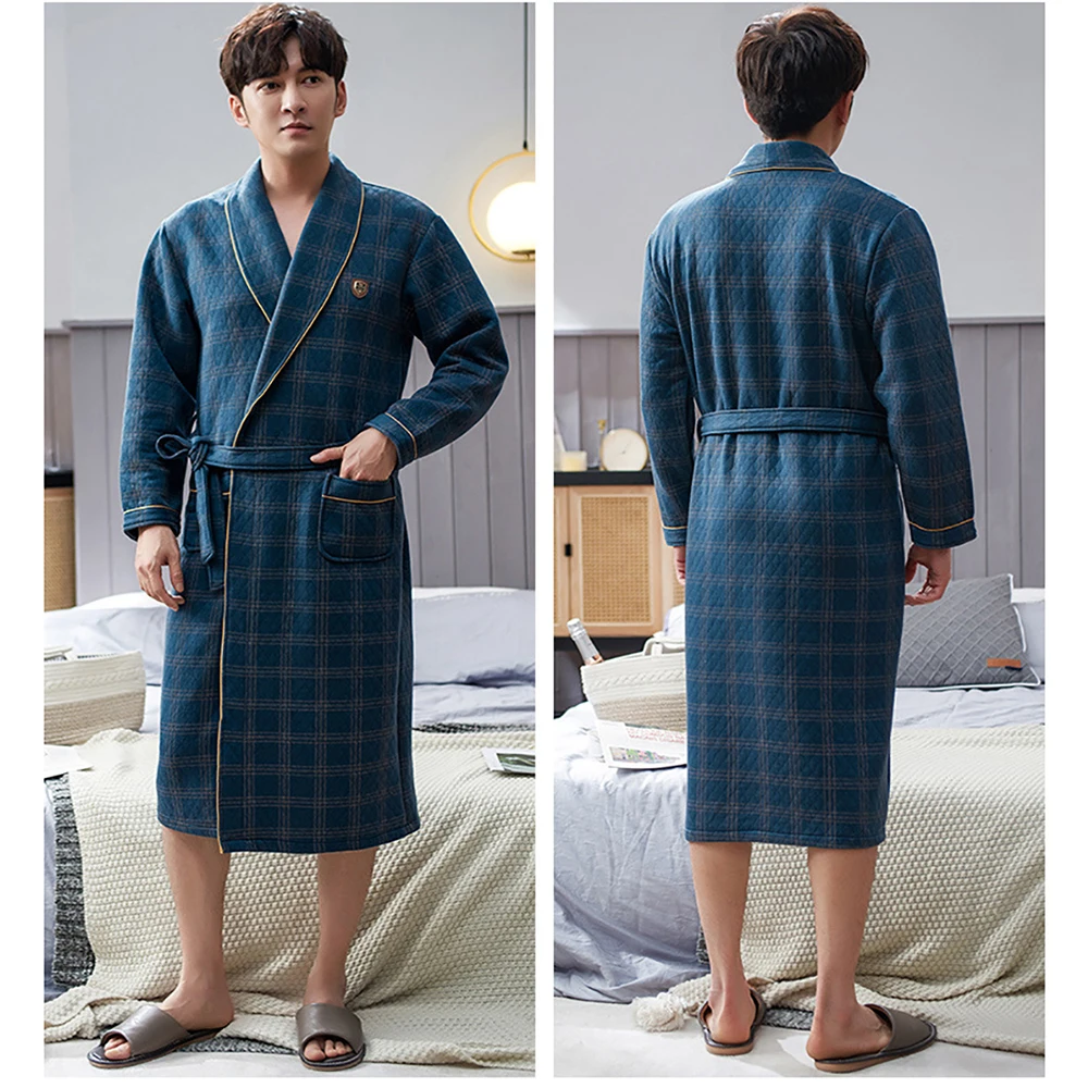 Autumn Winter Thick Warm Men Robe Bathrobe 100%Cotton Air Interlayer Bath Sleepwear Luxury Men Kimono Solid Plaid Dressing Gown