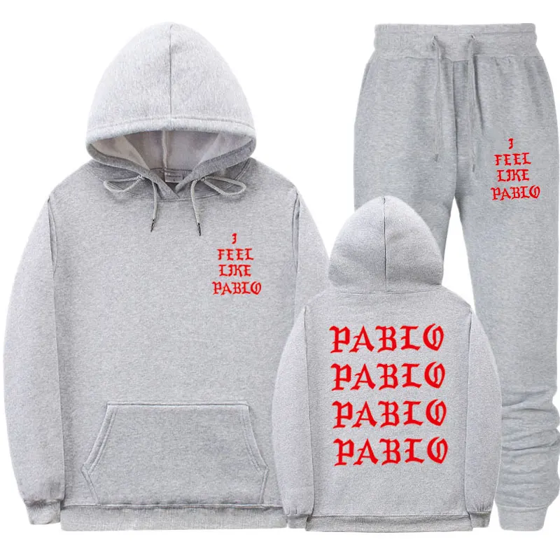 Мужские комплекты спортивной одежды I Feel Like Pablo, Осень-зима, толстый мужской повседневный спортивный костюм с капюшоном, мужской комплект из 2 предметов, толстовка+ спортивные штаны - Цвет: Gray CMK110