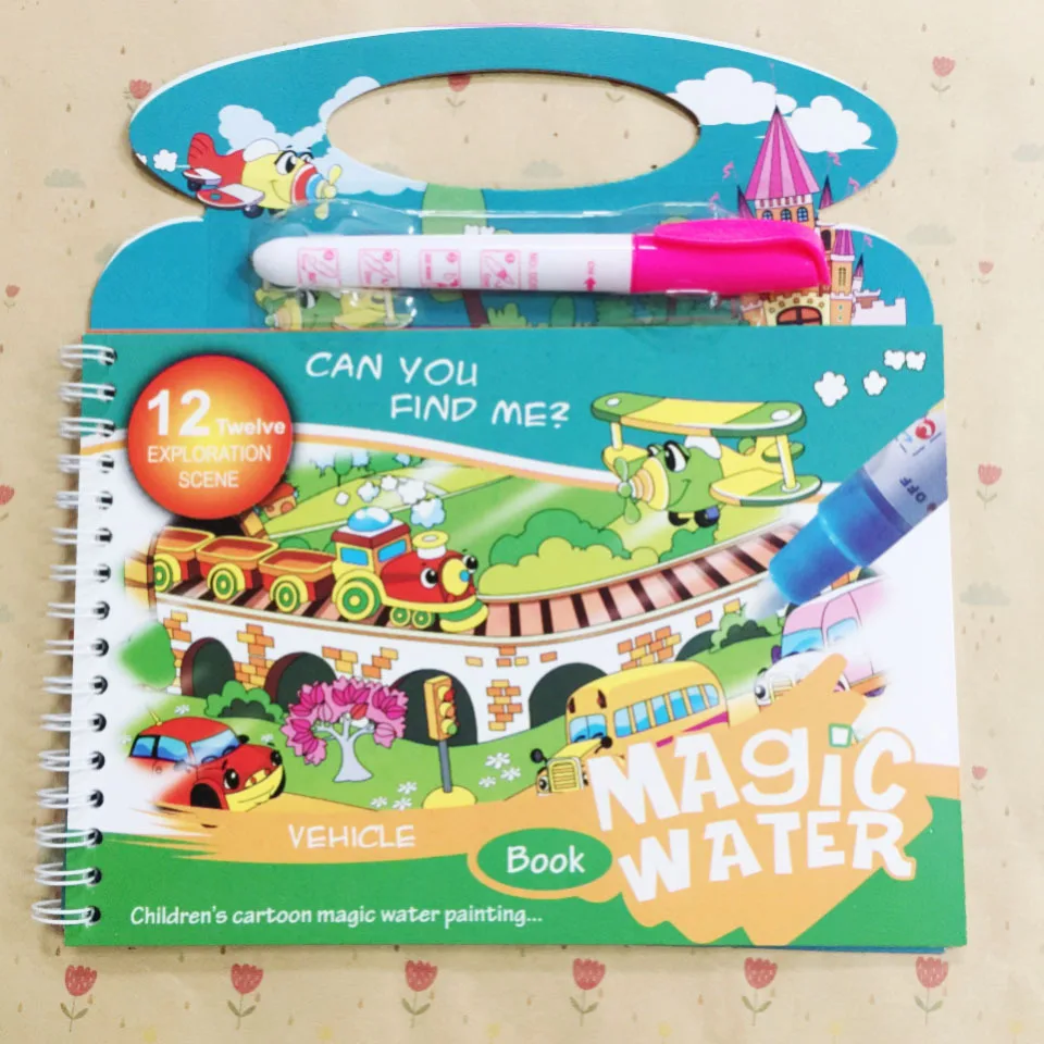 Diy Magic Water Book Happy Train Vehicle Painting Board for Kids Coloring Drawing Books Doodle & Magic Pen Toys for Baby Gift