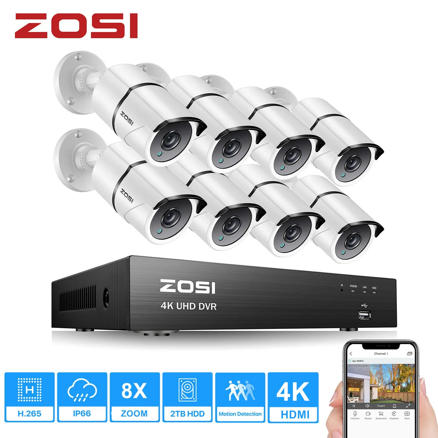 ZOSI 4K 8CH Ultra HD CCTV камера система H.265 + DVR комплект с 2 ТБ HDD 8 шт. 8MP TVI наружная домашняя видеонаблюдения|Система