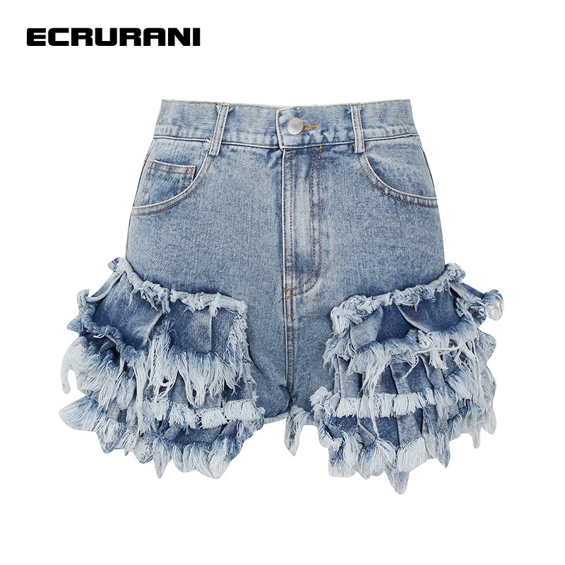 ECRURANI Blue Patchwork Denim Shorts For Women High Waist Tassels Asymmetric Casual Short Pants Female 2022 Summer Fashion Style