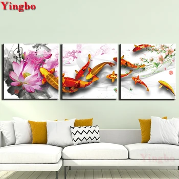 

3 PCS DIY Diamond Embroidery Chinese Nine Koi fish Diamond round 5D Full square rhinestone Diamond painting cross-stitch kit