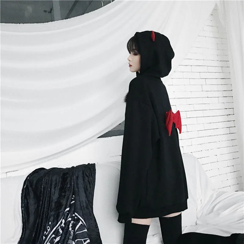  Letter Hooded Hoodies Sweatshirt Devil Wing Gothic Hoodies Women Oversized Streetwear Stranger Thin