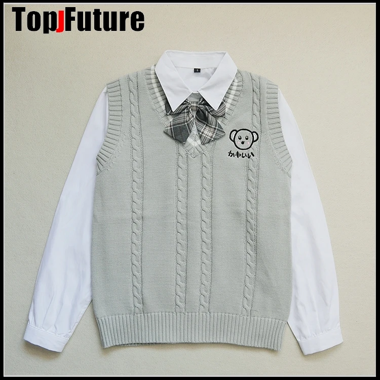 Серый японский JK Униформа вязаный жилет свитер школьная форма кардиганы белая