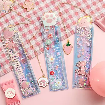 

Creative cartoon bookmark drawing ruler cute girl Cherry Flower Quicksand Plastic Ruler Measuring Straight Ruler Gift Stationery