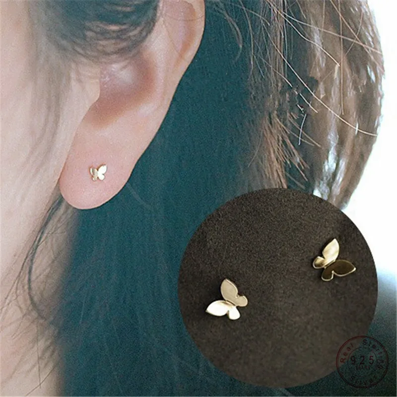 Pendientes de plata de ley 925 de oro de 14k para mujer, aretes de mariposa brillantes simples, accesorios de joyería coreanos para estudiantes