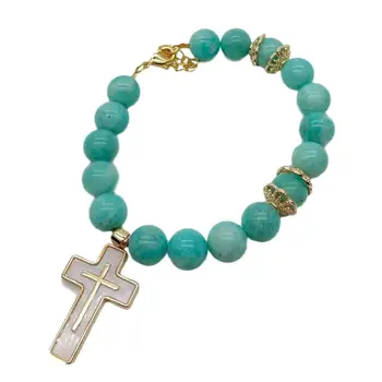 

Natural 12mm Round Peruvian Amazonite White Mop Crucifix cross Charm Bracelet 8" religious style for women