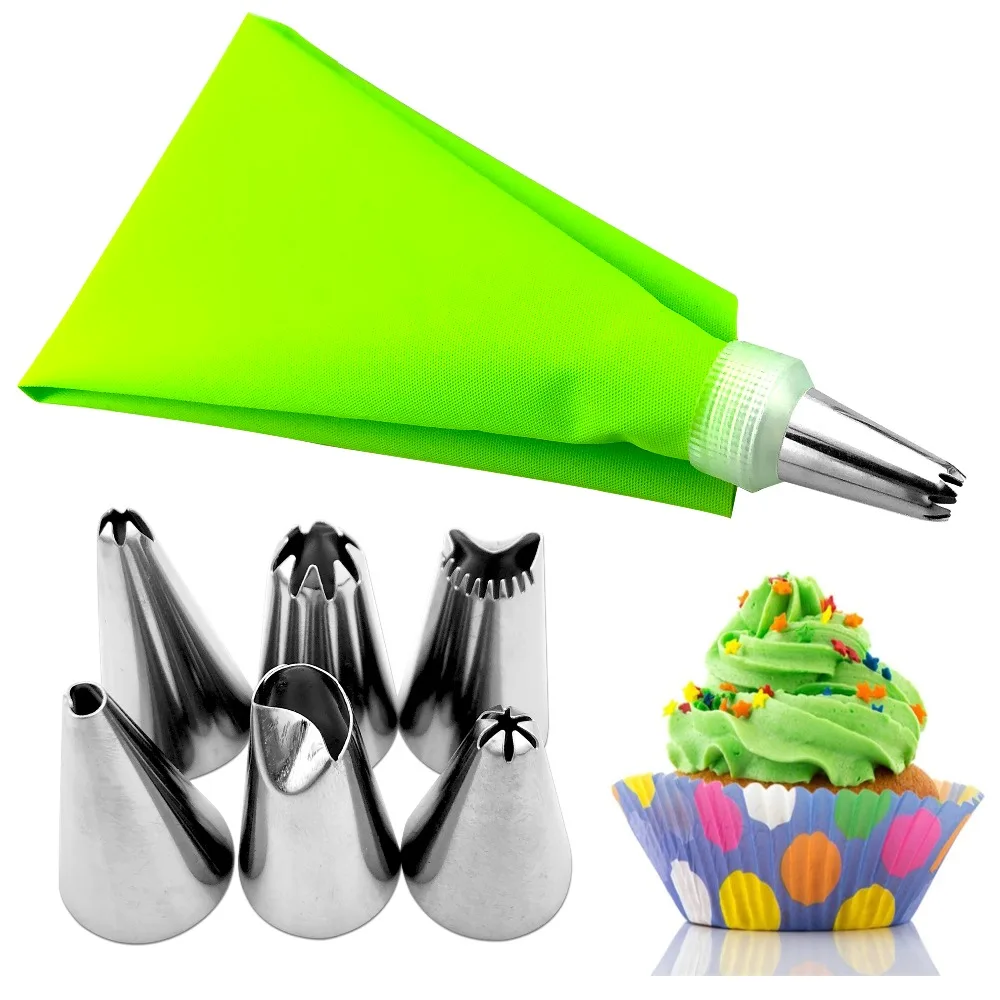 

8 PCS/set Silicone Icing Piping Cream Pastry Bag + 6 Stainless Steel Cake Nozzle DIY Cake Decorating Tips Fondant Pastry Tools