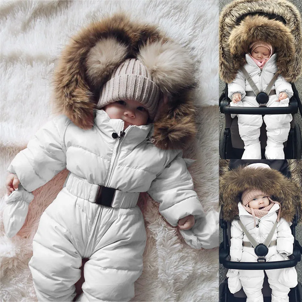 

OeakBaby Down Jacket Jumpsuit Winter Newborn Baby Jacket Winter Fashion Solid Thick Hooded Warm Romper Baby Winter Warm Bodysuit