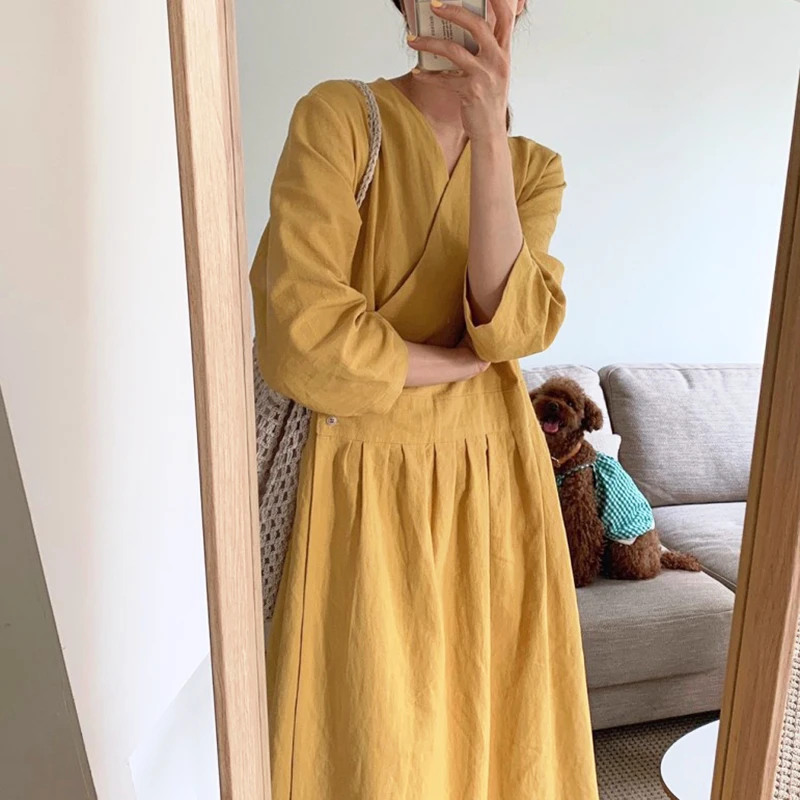 Yellow TVVOVVIN, Новинка осени, корейский стиль, длинный рукав, v-образный вырез, завышенная талия, длина по щиколотку, крест, цельное женское платье трапециевидной формы, F328 - Цвет: Yellow