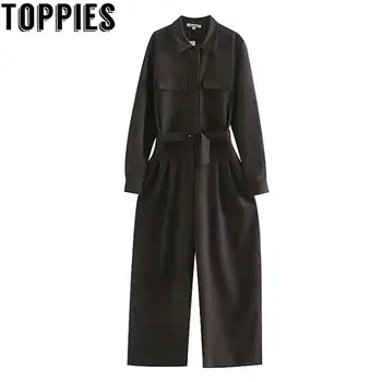 

2019 Winter Women New Jumpsuits Long Sleeves Coffee Color Rompers with Belt