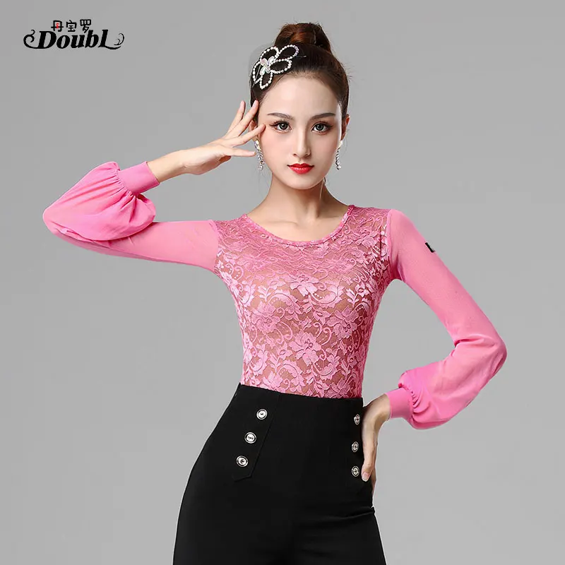DOUBL Modern Dance Top Female Adult Latin Ballroom Dance Dress New Spring Social Dance Lantern Long Sleeve Dress Costume Workout