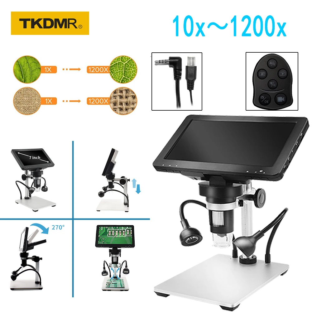 TKDMR 12MP 1200X USB Digital Microscope for Electronic 7 Inch Display 8 LED Magnifier Wire Control for PCB Motherboard Repairing