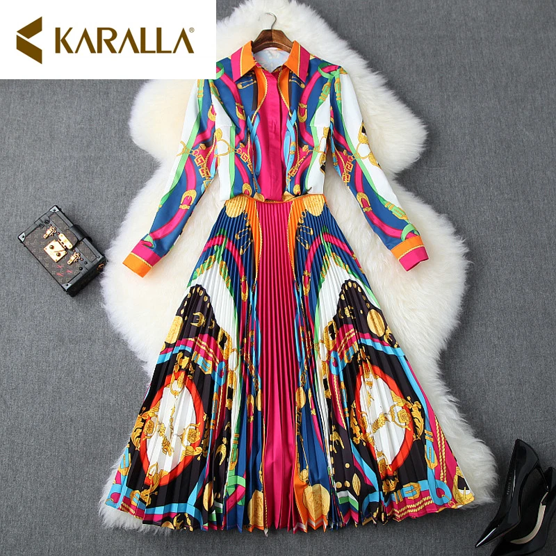 

Autumn Designer Runway Office Lady Style Women Long Sleeve Turn Down Collar Print Blouse+Big Swing Pleated Skirt 2 Piece Set