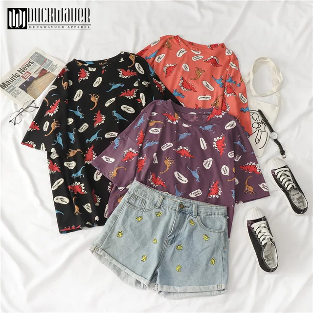 US $6.66 Duckwaver Summer Animal Print Oversized Women T Shirt Cartoon Doodling Sweet Short Sleeve Female T-