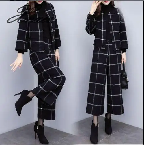 

2019 new autumn and winter two-piece pants plaid woolen short coat wide-leg pants casual fashion suit women