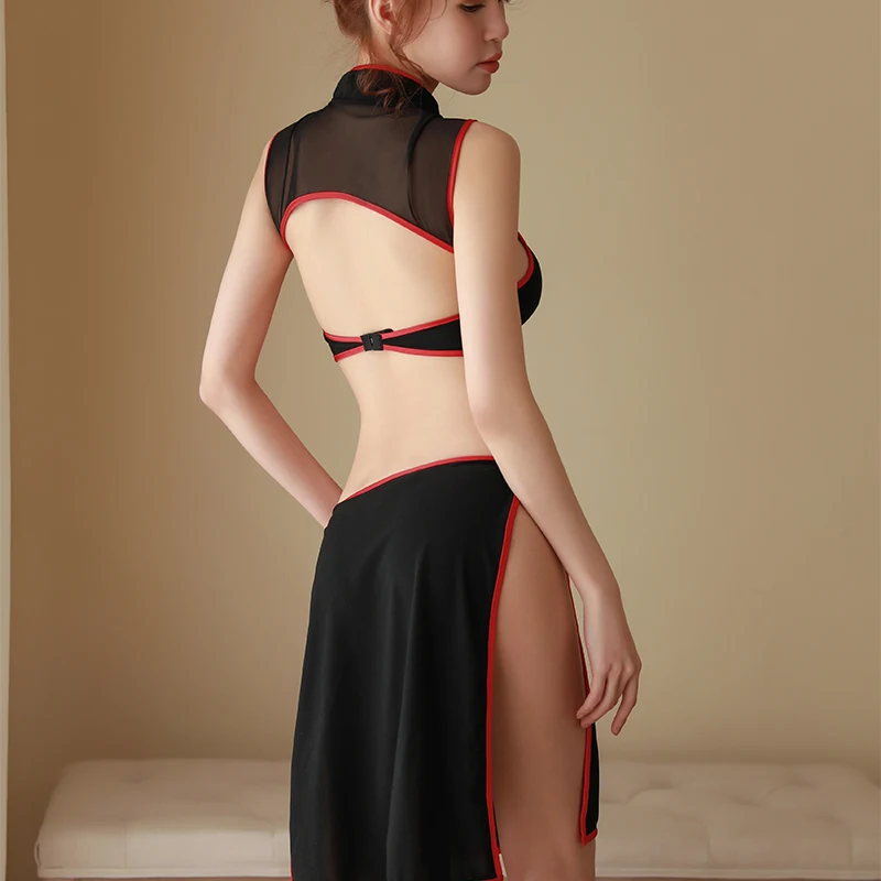 Сплит черный и серебряный пижамы Ночная рубашка Набор сексуальная Перспектива спинки китайский стиль тонкий бедра Cheongsam