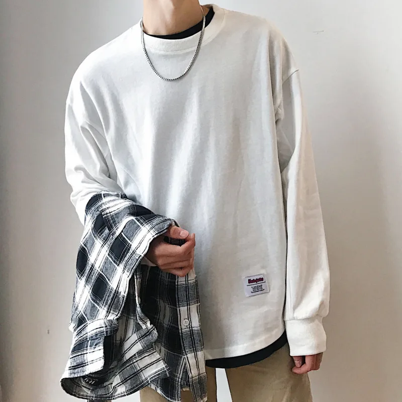 

2019 Men's Spring And Autumn New Casual Solid Color Long-sleeved Round Neck T-shirt Loose Harajuku Temperament Trend Cotton