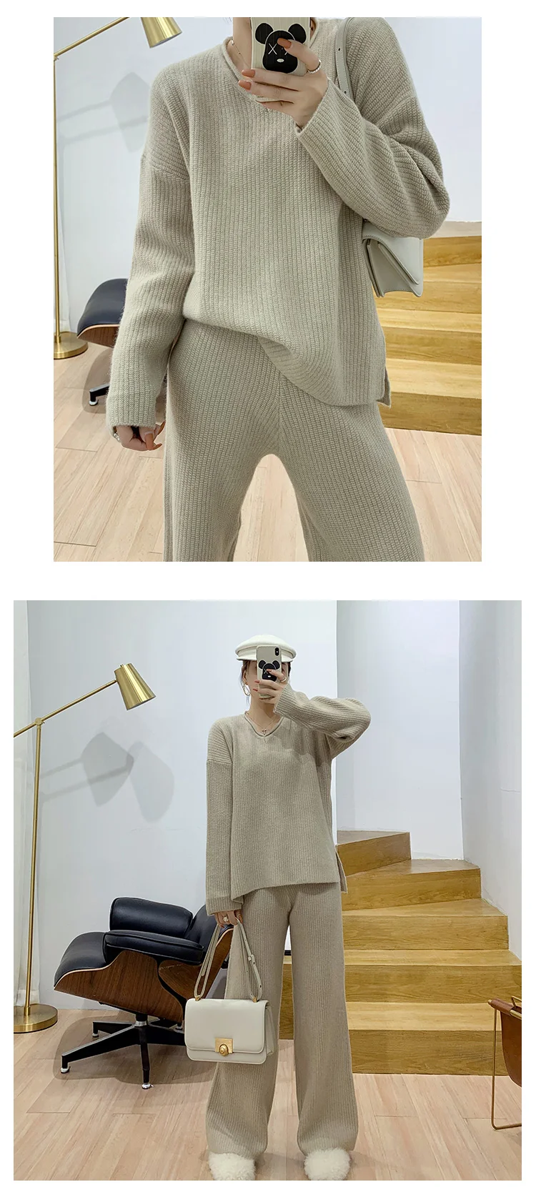 Women's new fashion suit solid color V-neck sweater with high waist knit wide leg pants two piece set top and pants