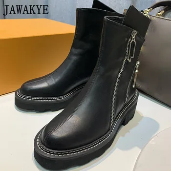 

Genuine Leather Black Combat Boots Round Toe Square Heel Flat Platform Motorcycle Boots Ladies Ankle Boots Women's Winter Shoes