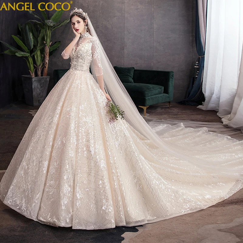 

New Fashion High-end custom 2020 Muslim Wedding Dress Maternity Dress Lace O Neck Elegant Plus size Vestido De Noiva Bride Gown