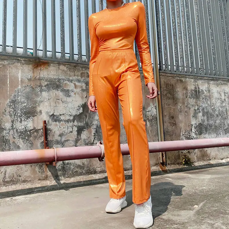 BOOFEENAA Kyliejenner блестящий оранжевый комплект из двух предметов топ и брюки женские комплекты одежды сексуальные осенние зимние Клубные наряды C66-AH43