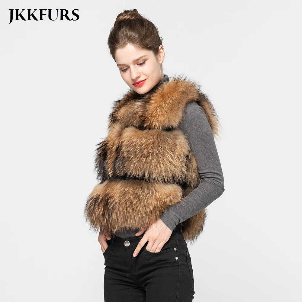JKKFURS Модный стильный женский жилет из натурального меха енота Зимний толстый теплый модный жилет 3 ряда S1150B