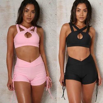 

Women 2 Piece Outfits Sleeveless Crop Top Pants Set Sexy Bodycon Backless Bandage Sexy Solid Color Women Sets