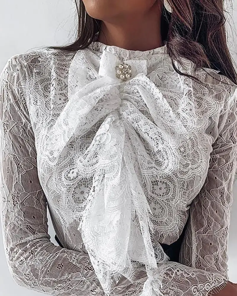 Женская Сексуальная кружевная блузка рубашки белая вышитая бисером галстук-бабочка колокол манжеты кружевная блузка Топы