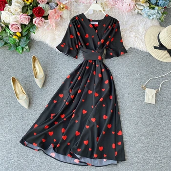 

2020 V Neck Love Heart floral print Bandage Dress Summer elegant a-line Party Midi Long Dress Women Casual Beach Holiday Dress