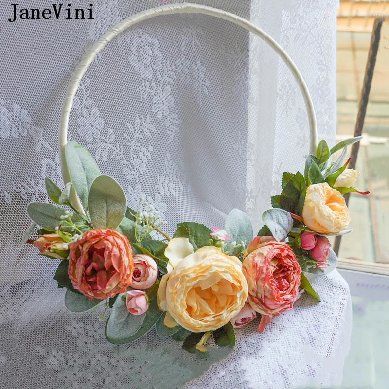 JaneVini Retro Orange Yellow Flower Wreath Artificial Peonies Bridal Wedding Bouquet Bride Garland Ramo De Novia Boda Vintage