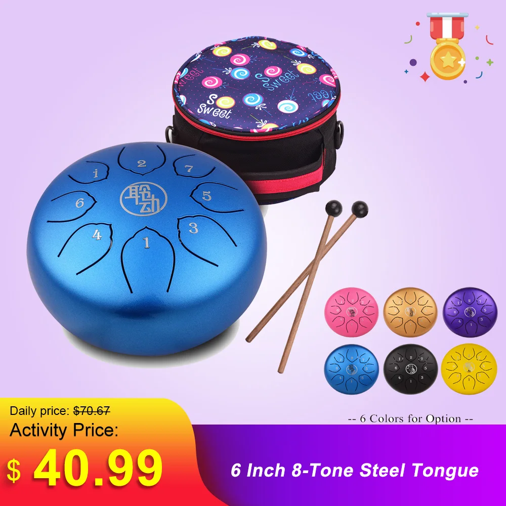 6 Inch Mini Drum 8Tone Steel Tongue Percussion Handpan Instrument With A Carry Bag Musical Instruments for Healing Yoga | Спорт и
