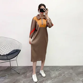 

Pleated Lapel Color Blocking Dress 2019 Winter New Large Women's Dress
