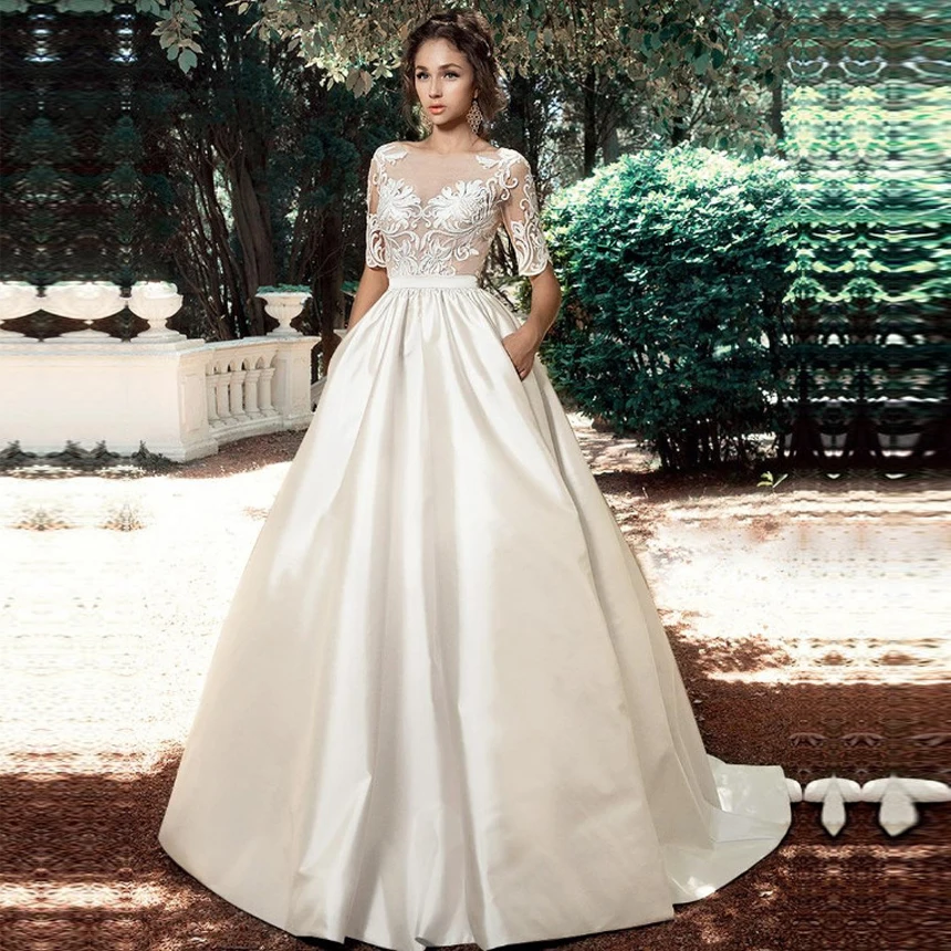 Свадебное платье с коротким рукавом Vestido de noiva винтажные кружевные аппликации сатиновое свадебное платье на заказ свадебное платье es с карманом