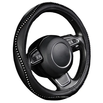 

Fashion Steering Wheel Cover Black Lychee Pattern with Luxury Crystal Rhinestone M Size Fits 38cm