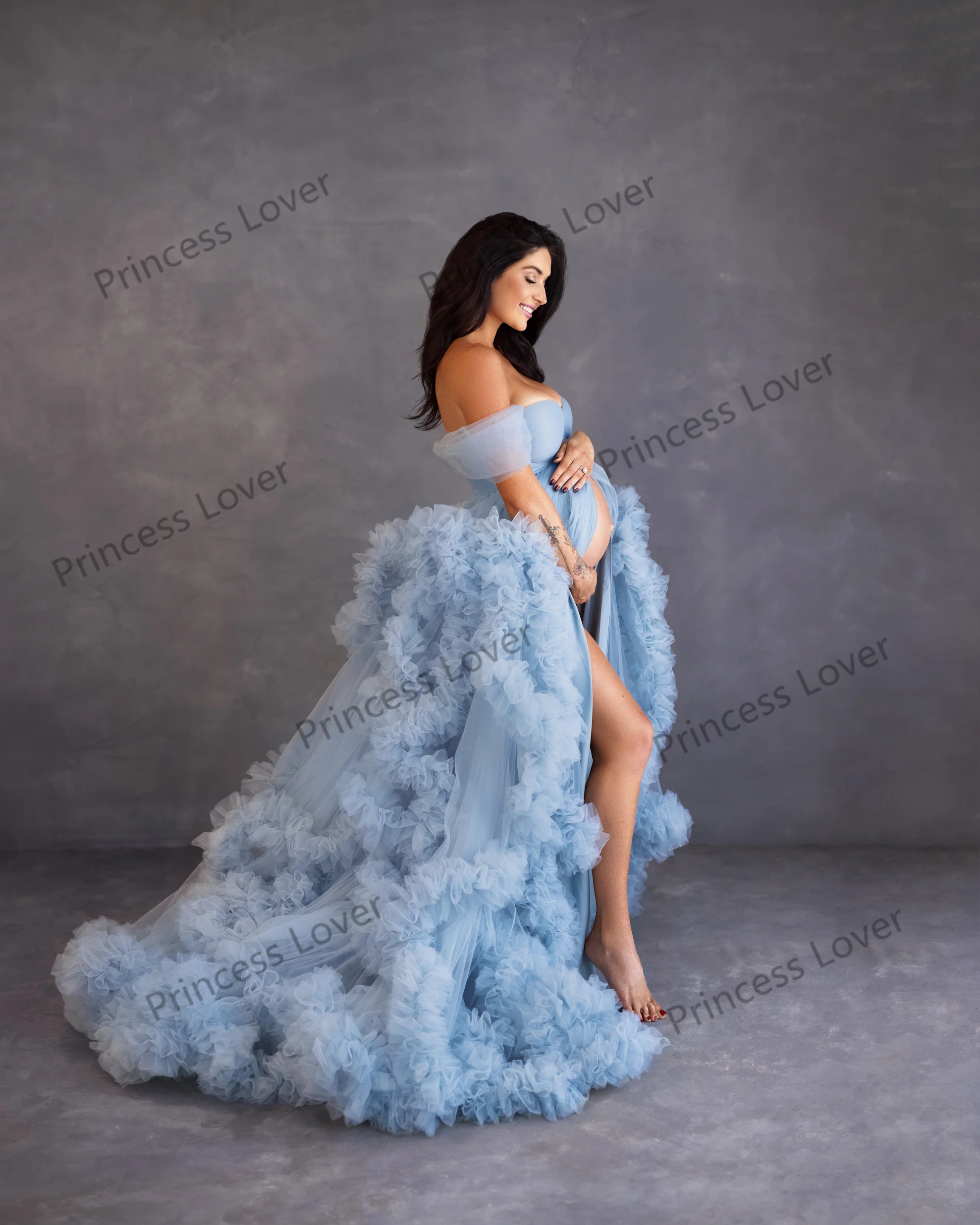 Light Sky Blue Prom Dresses for Pregnant Women Tiered Ruffles Evening Dress Front Split Photoshoot Maternity Gowns