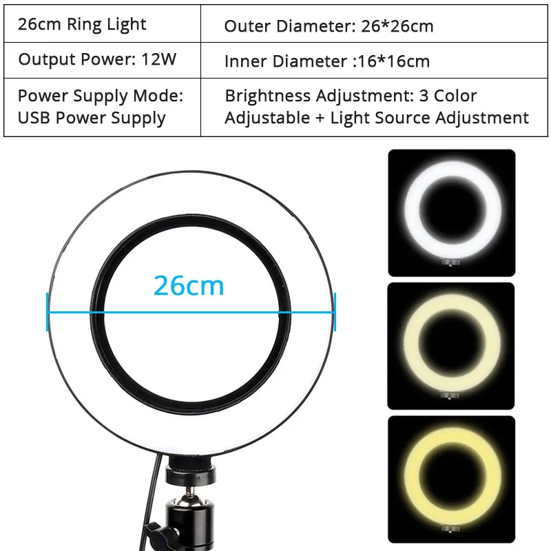 Кольцевой светильник для селфи с регулируемой яркостью 26 см, с длинными ручками, настольная клипса, держатель для планшета, мобильного телефона, светодиодный студийный светильник для видео в реальном времени, фото для макияжа