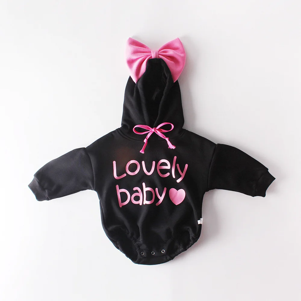 92073 Black New Baby Clothing Winter Thickening Cute Baby Girls Boys Bodysuits Hood Infant Girls Bodysuit Big Bow Style Baby Bodysuit - Цвет: 92073 Black