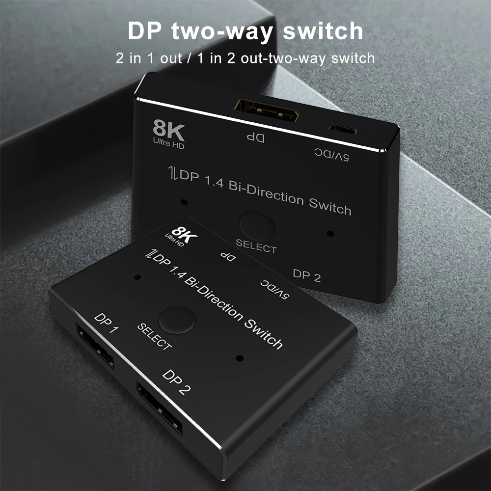 DP 1.4 Switch 2 in 1 Out 8K@30Hz 4K@120Hz Bi-Direction Splitter Converter display port Adapter for Multiple Sourceand displays